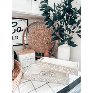 2 Carved White Washed Wood Boho Farmhouse Trays